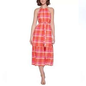 NEW Tommy Hilfiger plaid high neck halter sleeveless dress pink orange‎ US 6